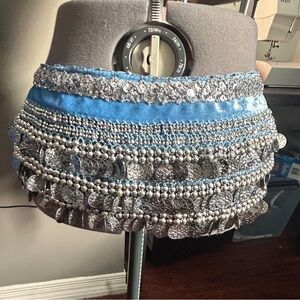 Light Blue Belly Dance Hip Scarf. Heavily Coined.